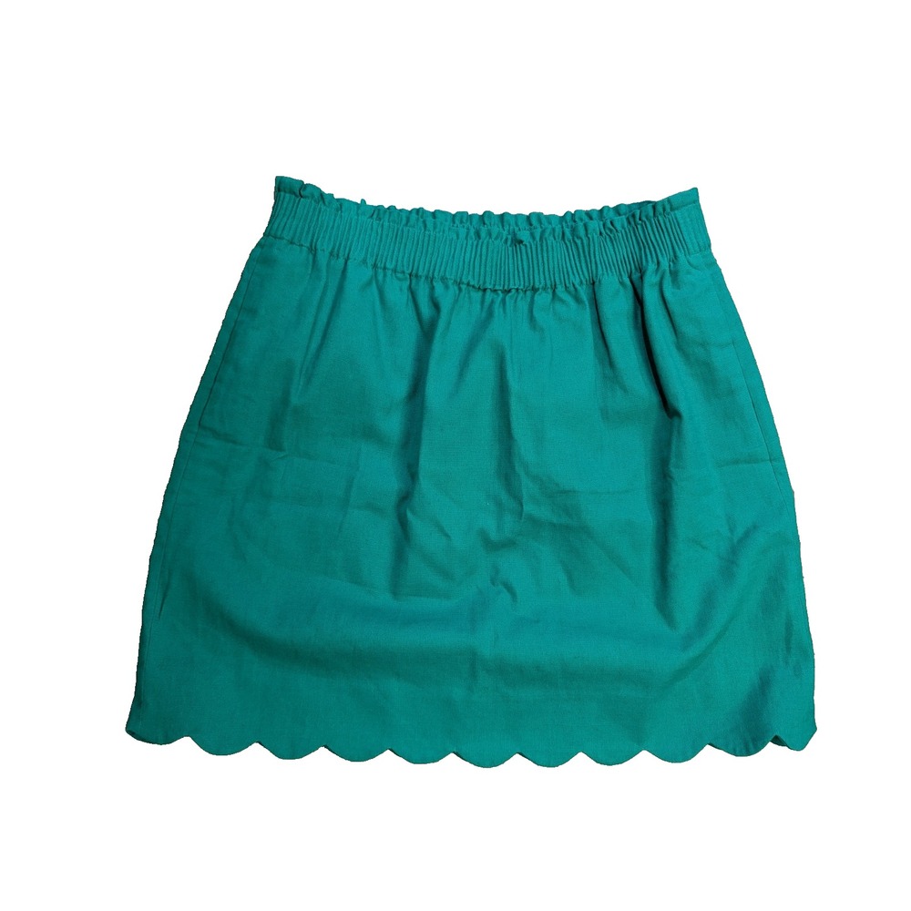 J. Crew Linen Cotton Blend Scalloped Hem Green Mini Skirt Elastic Women's 10 NWT